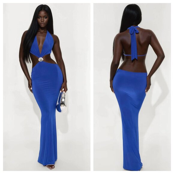 Fashion Nova Dresses & Skirts - NWT Fashion Nova Caught You Looking Blue Plunge Cut Out Gold Shell Maxi Dress